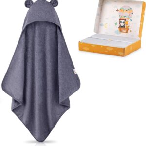 Handdoek met capuchon Baby Extra dik, warm en zacht 75 x 75 cm Babyhanddoek met capuchon (100% bamboe) Babyhanddoek met capuchon met geweldige geschenkverpakking (blauw-grijs)