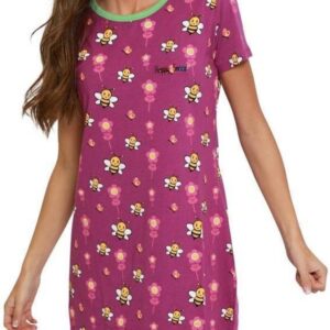 Happy Pyjama's | Dames nachthemd korte mouw | Summer Nature - bijen & bloemen prints | Vrolijk, hip en moderne dames nachthemd | Maat L (S-XL)