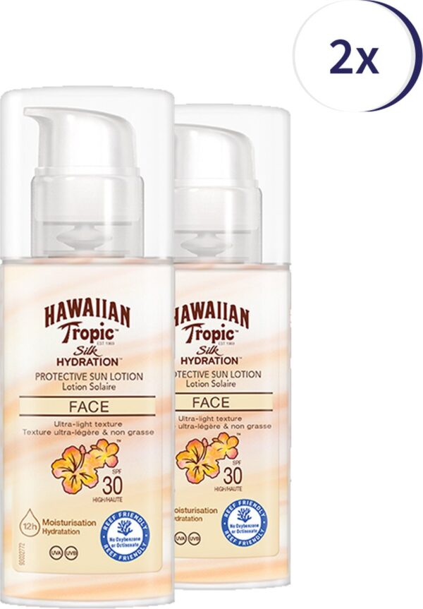 Hawaiian Tropic SPF30 zonnebrandlotion Gezicht 50 ml - 2 stuks - 12 uur beschermingstijd - Voordeelverpakking