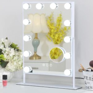 Hollywood Make-up Spiegel met Verlichting - 12 Dimbare LED Lampen - 360° Draaibare Cosmetica Spiegel - 3 Lichtkleuren - Touch Bediening - Inclusief 10x Vergrotende Spiegel - Wit - 30x41 cm