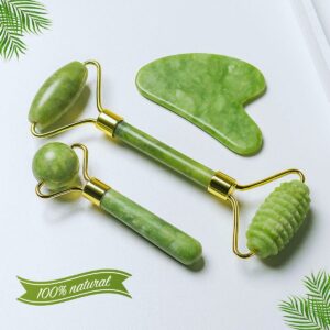 Jade Roller en Gua Sha Steen 4 in 1 set - 100% Premium Natuurlijke Jade - Gezichtsmassage Roller - Scraper - Face Roller - Cadeau voor Haar - Vierdelige Beauty Set - Groen