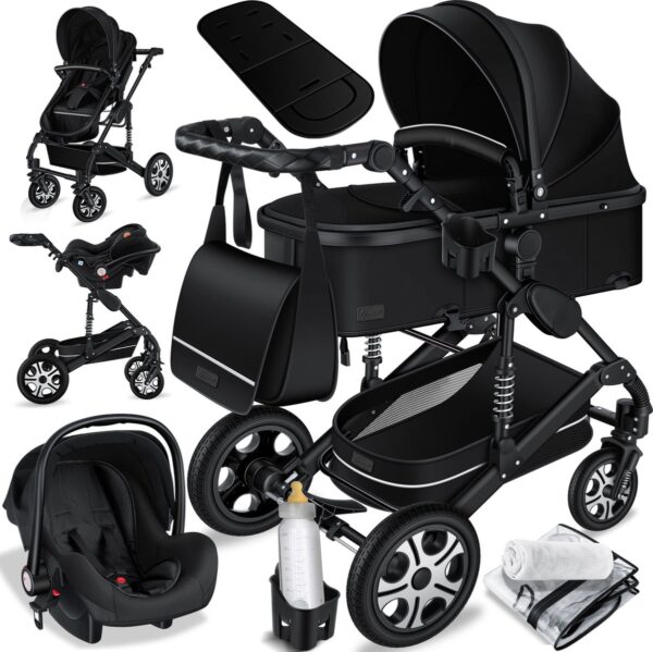 KESSER® Kinderwagen 3 in 1 Loops Wandelwagen Set incl. Autostoel & Reiswieg & Buggy Sportzitje - Massieve Rubberbanden - Luiertas / Regenhoes - Zwart