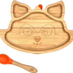 Kleiner Fuchs Kinderbord van Bamboe - Bord met zuignap inclusief bijpassende baby lepel - Babyservies in stijlvolle geschenkdoos - Vos