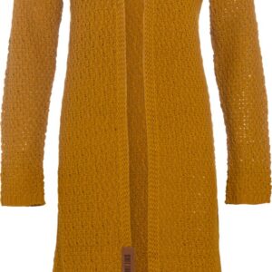 Knit Factory Luna Lang Gebreid Vest Oker - Gebreide dames cardigan - Lang vest tot over de knie - Geel damesvest gemaakt uit 30% wol en 70% acryl - Grote maat - 50/52