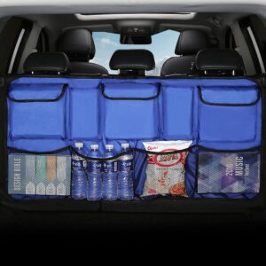 Kofferbak-organizer voor auto, opbergtas met 9 vakken, kofferbaktas auto met sterke elastische, toverstafstructuur voor SUV (blauw-108 x 52 cm)