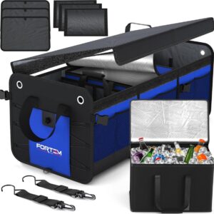 Kofferbakorganizer, kofferbaktas, opvouwbare kofferbak met vakken, antislipbasis, verstelbare veiligheidsriemen, opvouwbaar deksel (blauw, 3 vakken met koeler)