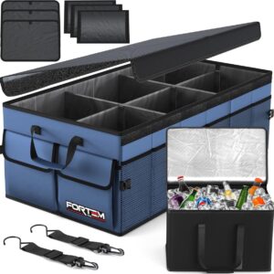 Kofferbakorganizer, kofferbaktas, opvouwbare kofferbak met vakken, antislipbasis, verstelbare veiligheidsriemen, opvouwbaar deksel (blauw, maat XL met koeler)