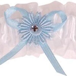 Kousenband wit met blauw bloemetje en strass