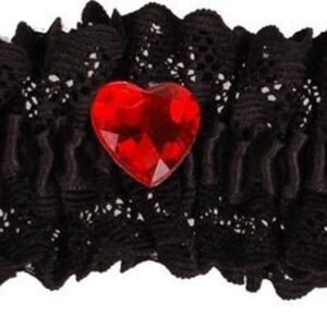 Kousenband zwart met kant en rood strass hartje