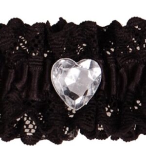 Kousenband zwart met kant en strass hartje