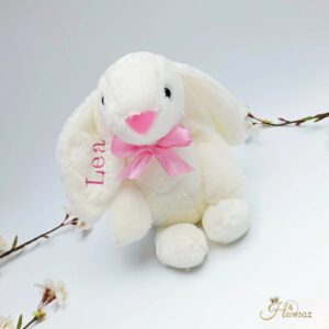 Kraamcadeau - Hawsaz.nl cadeau - Baby knuffel wit - Babygeschenk- knuffel met naam - kraamcadeau met naam - Lief - knuffel konijn 30 cm - Naam Personaliseren - Babyshower cadeau - voor jongens en meisjes - Met naam - Bunnies - Geborduurd