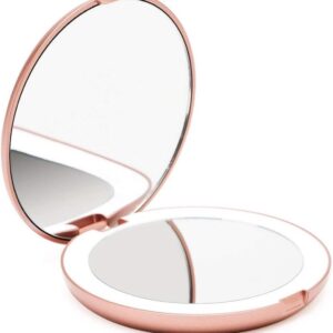 LED verlichte compacte Make-up Spiegel voor op Reis, 1X/ 10X vergroting - Daglicht LED, Draagbaar, Grote 127mm brede Reisspiegel met Licht, Zijdewit - Lumi (Rose Goud)