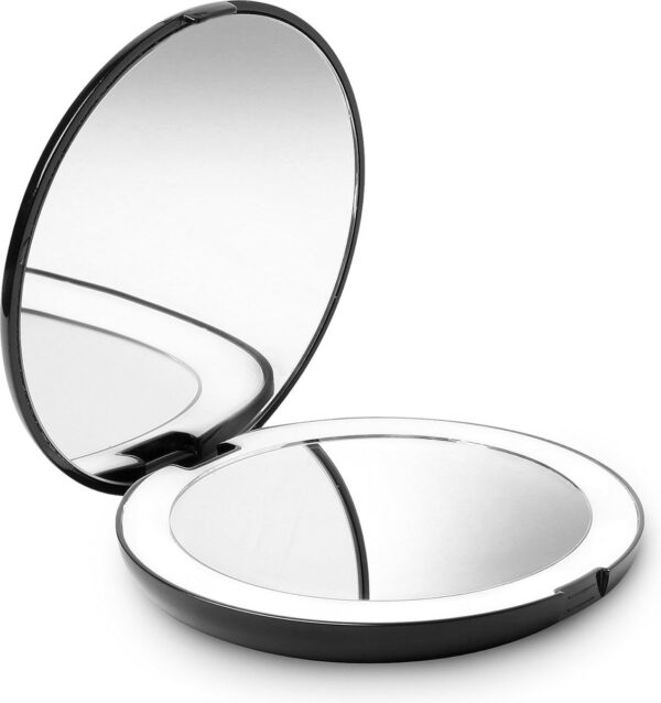 LED verlichte compacte Make-up Spiegel voor op Reis, 1X/ 10X vergroting - Daglicht LED, Draagbaar, Grote 127mm brede Reisspiegel met Licht, Zijdewit - Lumi (Zwart)