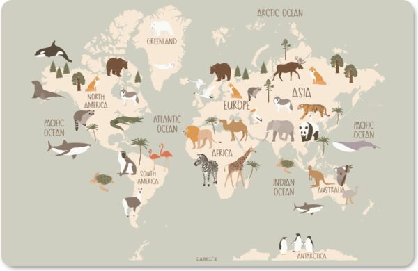 Label2X - Knutselmat Animal World Map - 60x35cm - Placemats