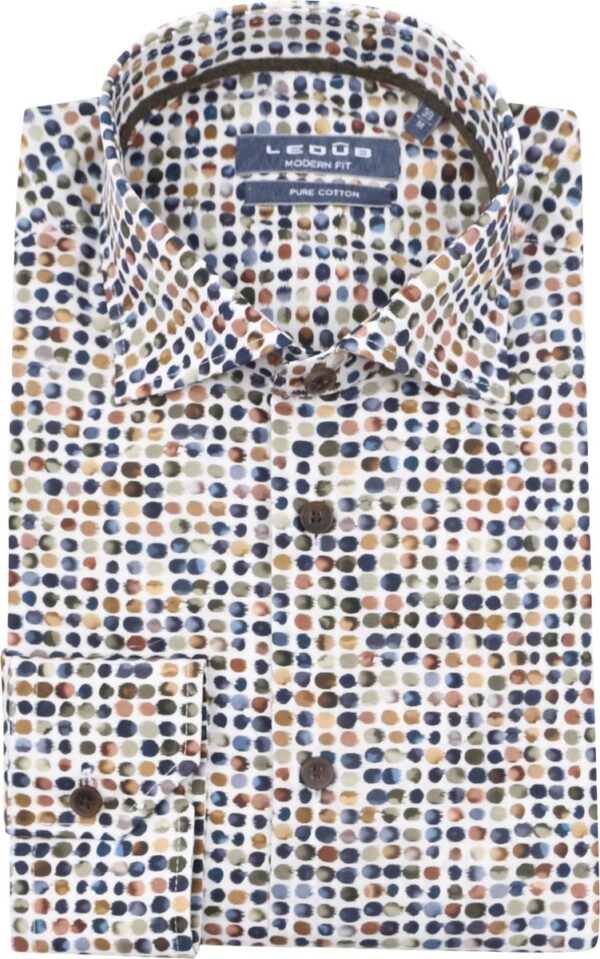 Ledub modern fit overhemd - middenbruin dessin - Strijkvriendelijk - Boordmaat: 39