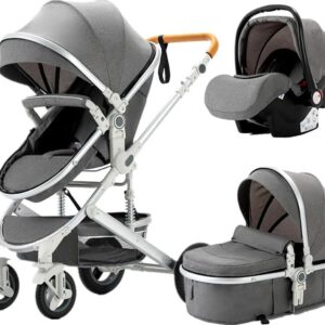 Luxe Kinderwagen 3 in 1 - Wandelwagen Baby - Kinderwagen Inclusief Autostoeltje - Buggy met Wieg - Wandelwagen - Grijs met Zilver