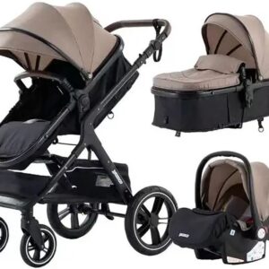 Luxe Kinderwagen 3 in 1 - Wandelwagen Baby - Kinderwagen Inclusief Autostoeltje - Buggy met Wieg - Wandelwagen - Khaki met Zwart