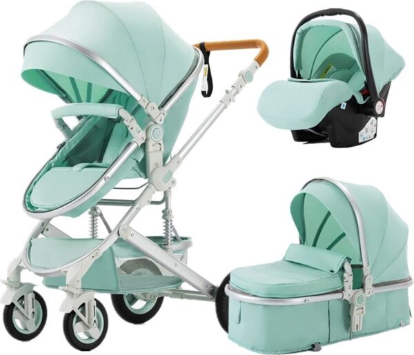 Luxe Kinderwagen 3 in 1 - Wandelwagen Baby - Kinderwagen Inclusief Autostoeltje - Buggy met Wieg - Wandelwagen - Mint Groen met Zilver