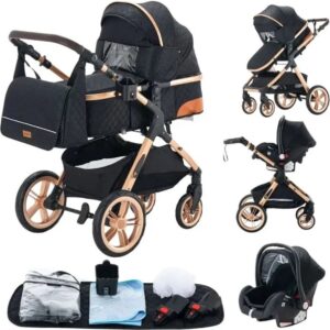 Luxe Kinderwagen 3 in 1 - Wandelwagen Baby - Kinderwagen Inclusief Autostoeltje - Buggy met Wieg - Wandelwagen - Zwart met Goud - Extra Groot