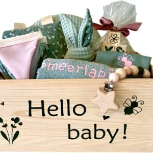 Luxe roze/groene babygiftset, baby giftbox, baby geschenkset, kraamcadeau, handgemaakt, duurzaam