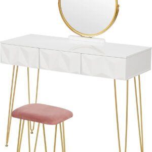 Make-up Tafel - Kaptafel - Dressoir - Luxe Kaptafel - Moderne look - Wit Roze Goud - Met krukje - Incl. Spiegel