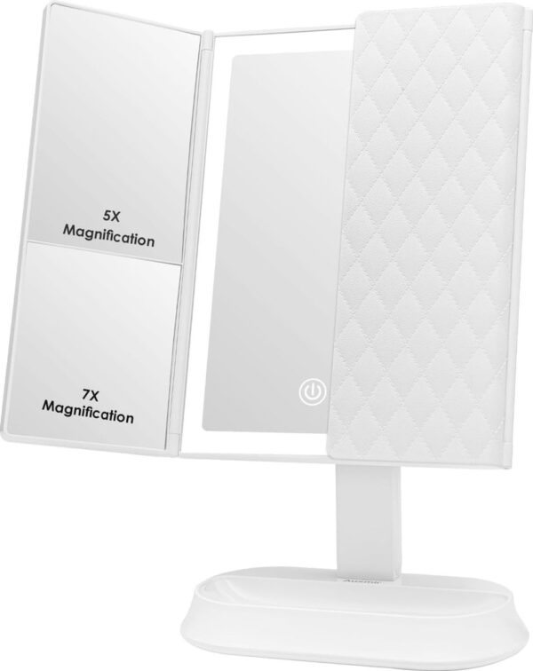 Make-up spiegel met LED-Verlichting en Touchscreen, Drievoudig 1x 5x 7x Vergroting, 90 ° Verstelbare Rotatie, Werkt op Batterijen en USB, Aanrecht Cosmetische Spiegel (Wit)