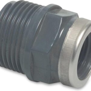 Mega Soknippel PVC-U 1 1/2" x 1/2" buitendraad x binnendraad 10bar grijs met RVS ring type versterkt