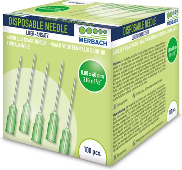 Merbach Injectienaalden 21 G x 1 1/2 - 38mm groen- 200 x 100 stuks voordeelverpakking