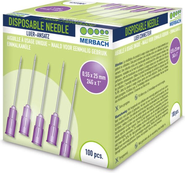 Merbach Injectienaalden 24 G x 1 - 25mm paars- 100 x 100 stuks voordeelverpakking