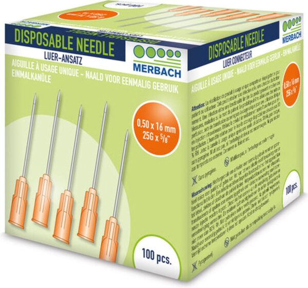 Merbach Injectienaalden 25 G x 5/8 - 16mm oranje- 30 x 100 stuks voordeelverpakking