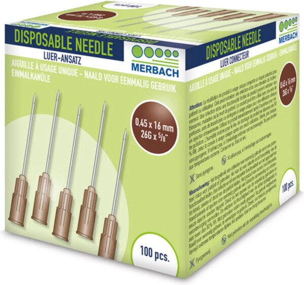 Merbach Injectienaalden 26 G x 5/8 - 16mm bruin- 30 x 100 stuks voordeelverpakking