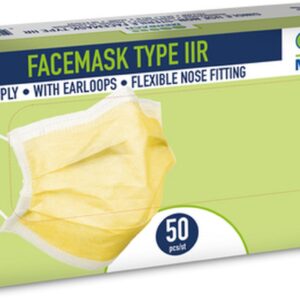 Merbach mondmasker geel 3-lgs IIR oorlus- 500 x 50 stuks voordeelverpakking
