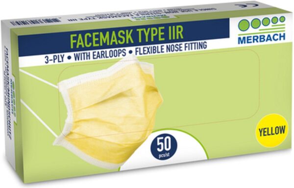 Merbach mondmasker geel 3-lgs IIR oorlus- 500 x 50 stuks voordeelverpakking