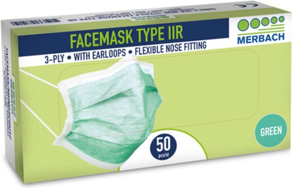 Merbach mondmasker groen 3-lgs IIR oorlus- 100 x 50 stuks voordeelverpakking