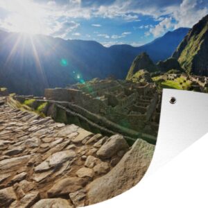 Muurdecoratie Avondzonnestraal over Machu Picchu Peru - 180x120 cm - Tuinposter - Tuindoek - Buitenposter