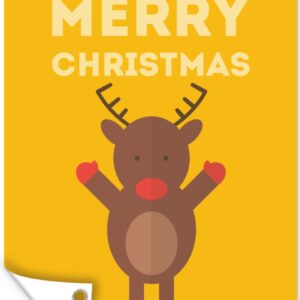 Muurdecoratie Kerst - Quotes - Illustratie - Rendier - Merry Christmas - Geel - 120x180 cm - Tuinposter - Tuindoek - Buitenposter