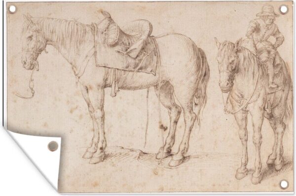 Muurdecoratie Twee studies van een gezadeld paard - Schilderij van Jacob de Gheyn II - 180x120 cm - Tuinposter - Tuindoek - Buitenposter