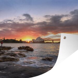 Muurdecoratie Vurige zonsondergang achter Sydney in Australië - 180x120 cm - Tuinposter - Tuindoek - Buitenposter