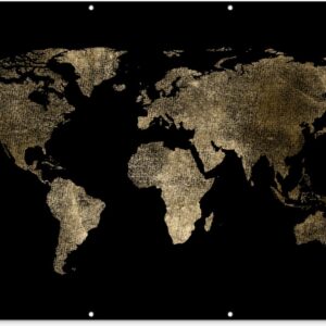 Muurdecoratie buiten Wereldkaart - Goud - Zwart - Aarde - Luxe - 160x120 cm - Tuindoek - Buitenposter