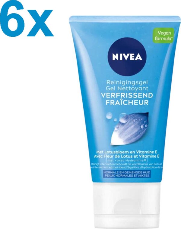NIVEA Essentials Verfrissende Reinigingsgel Normale Huid - Reinigingsgel - Met Vitamine C & E - Vegan - 6x 150ml - Voordeelverpakking