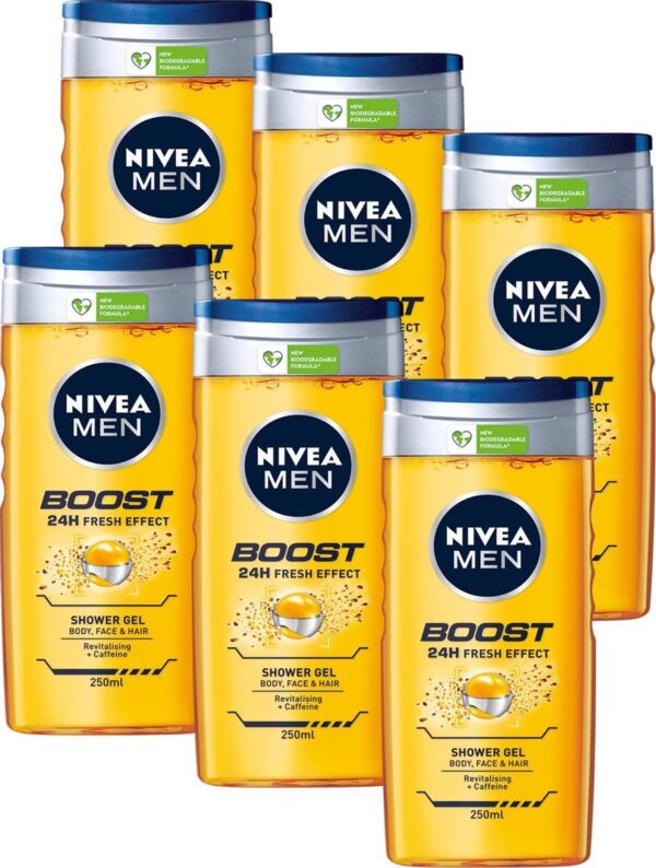 NIVEA MEN Boost Douchegel - pH huidneutraal formule - Met Revitaliserend Cafeïne - Voordeelverpakking 6 x 250 ml