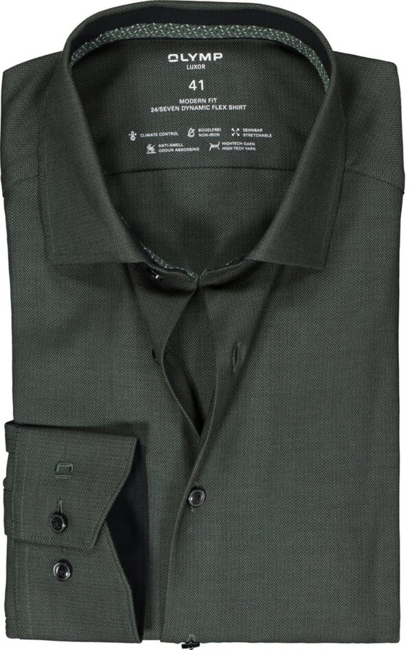 OLYMP 24/7 modern fit overhemd - herringbone - olijfgroen (contrast) - Strijkvriendelijk - Boordmaat: 46