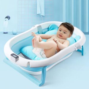 Opvouwbare babybadkuip met real-time temperatuurmeting, draagbare antislip badkuip voor baby's, aftapschroef voor pasgeborenen, peuters (blauw)