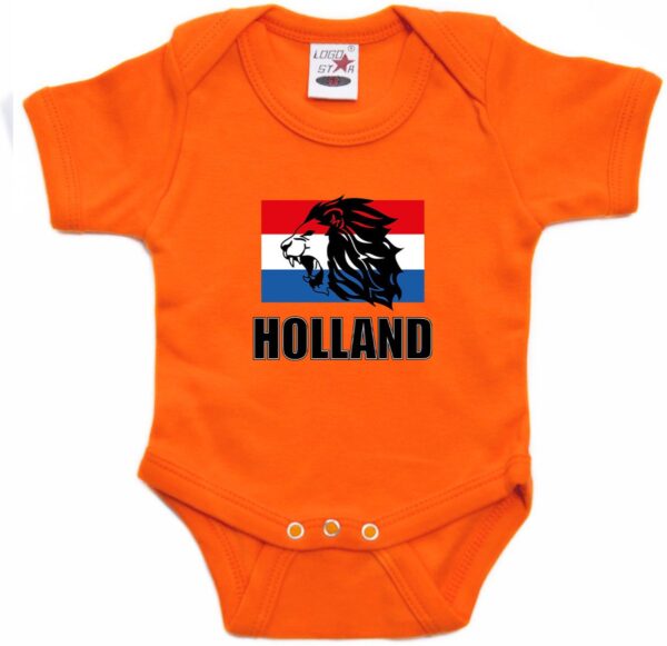 Oranje fan romper voor babys - met leeuw en vlag - Holland / Nederland supporter - Koningsdag / EK / WK romper / outfit 80