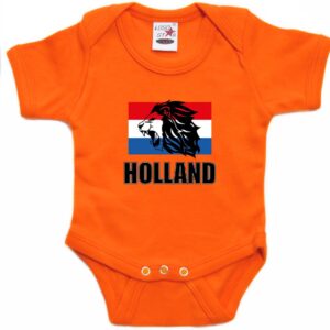 Oranje fan romper voor babys - met leeuw en vlag - Holland / Nederland supporter - Koningsdag / EK / WK romper / outfit 92