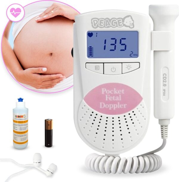 PEACE Doppler met Ultrasound 250mL - Baby Hartje Monitor - Hartslag Meter - Roze - Incl. Batterijen en Oortjes - Kraamcadeau Meisje