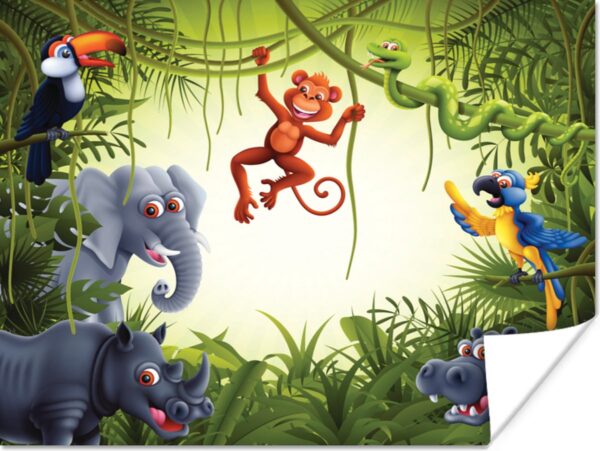 Poster Illustratie - Wilde dieren - Jungle - Jongens - Baby - Meisjes - 120x90 cm - Poster Babykamer