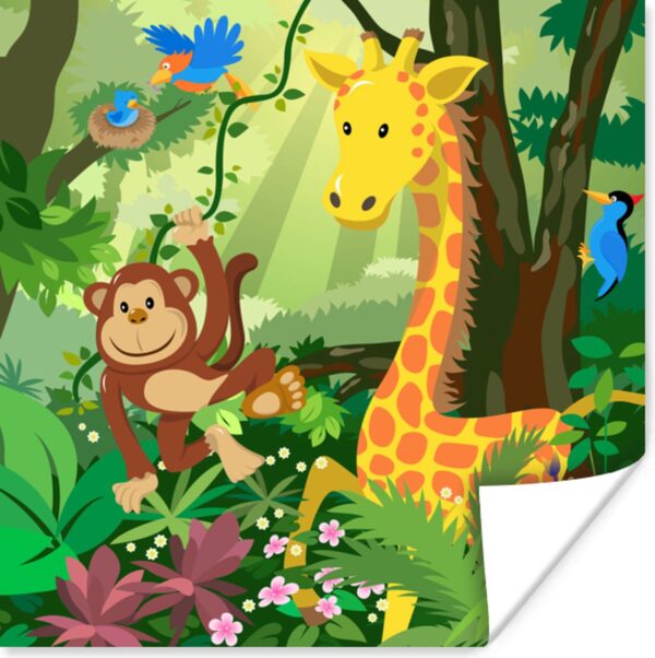 Poster Tropisch - Landschap - Jungle dieren - Meiden - Jongetjes - Baby - Kids - 100x100 cm XXL - Poster Babykamer
