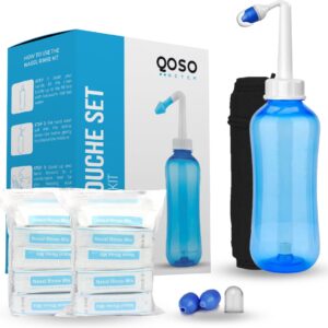 QOSO Neusdouche Met 2X Neusspray | 80 Zakjes Nasaal Spoelzout | 4 Opzetstukken | 300 ML Neusdouche Volwassenen | Neusspoeler | Neusreiniger Met Reistasje| Neusspray