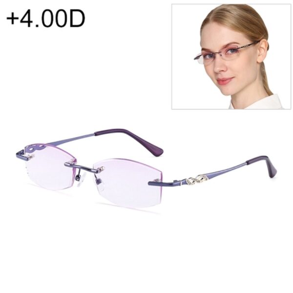 Randloze, strass getrimde paarse verziend bril voor dames, + 4.00D